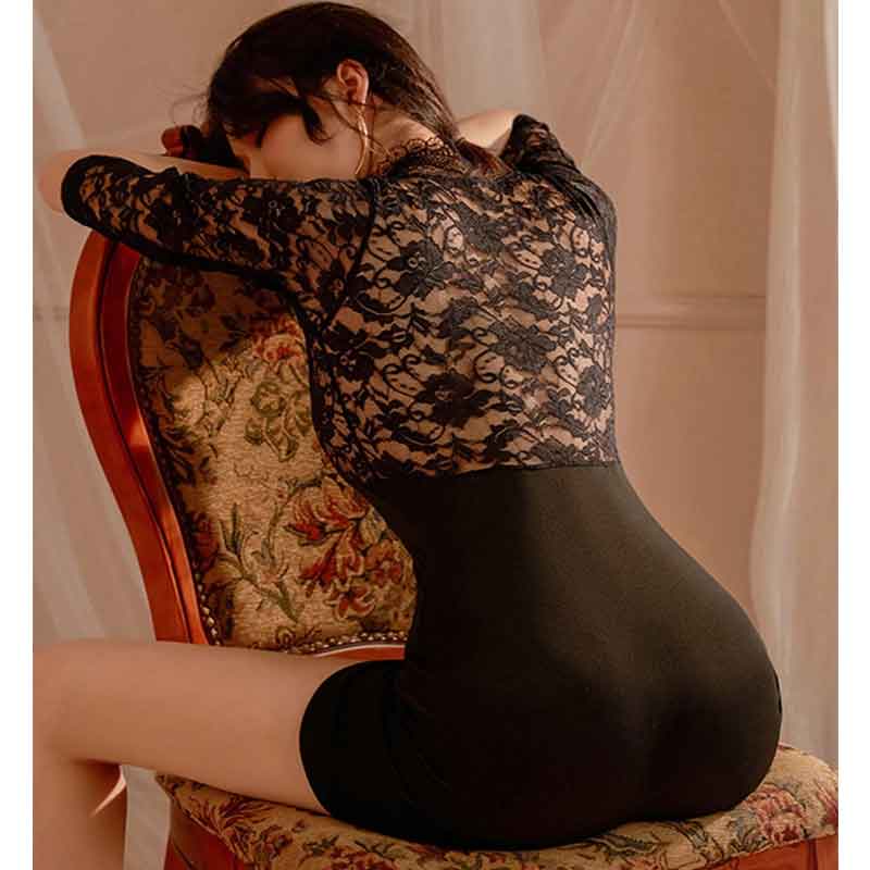 Lace-Deep-V-See-through-Passionate-Butt-covering-Skirt-Suit-1