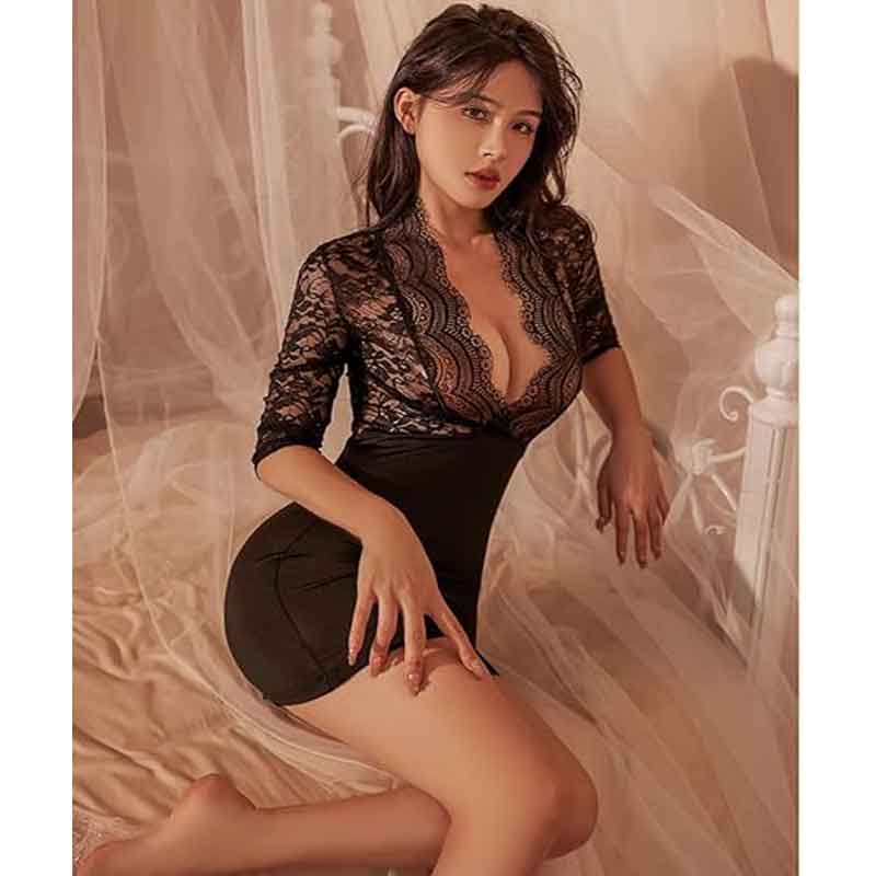 Lace-Deep-V-See-through-Passionate-Butt-covering-Skirt-Suit-5